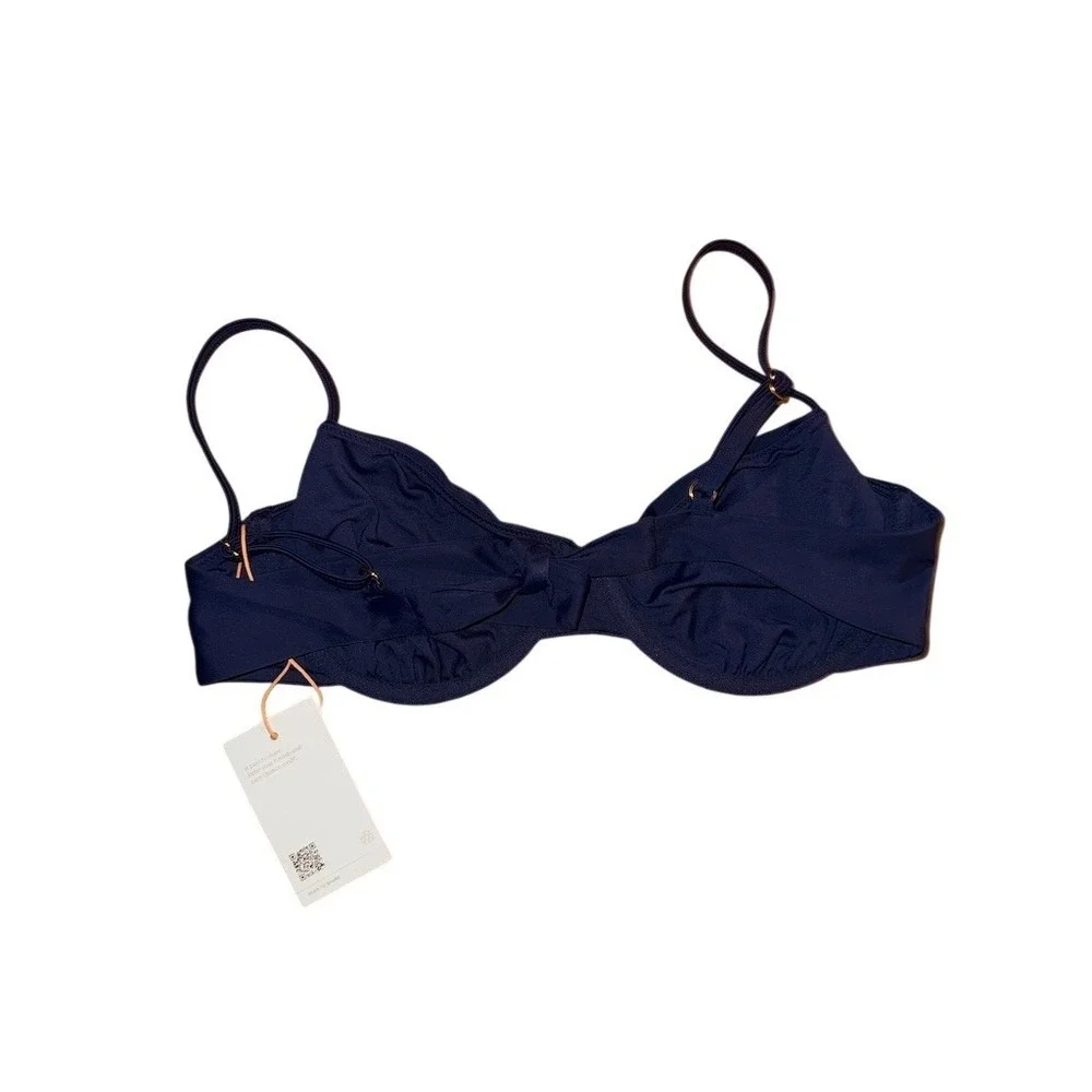 Quince Bikini Top Womens Size L Navy Blue Underwire Balconette Tie Back bikini
